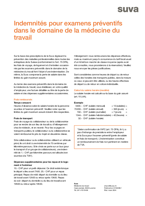 Indemnités pour examen préventif en médecine du travail