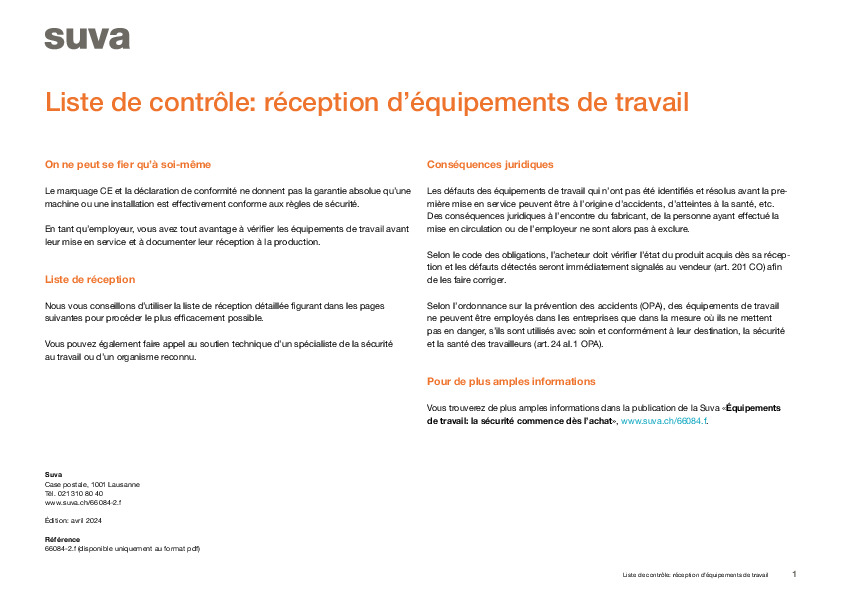 Liste de contrôle pour la réception de machines, d’appareils et de dispositifs