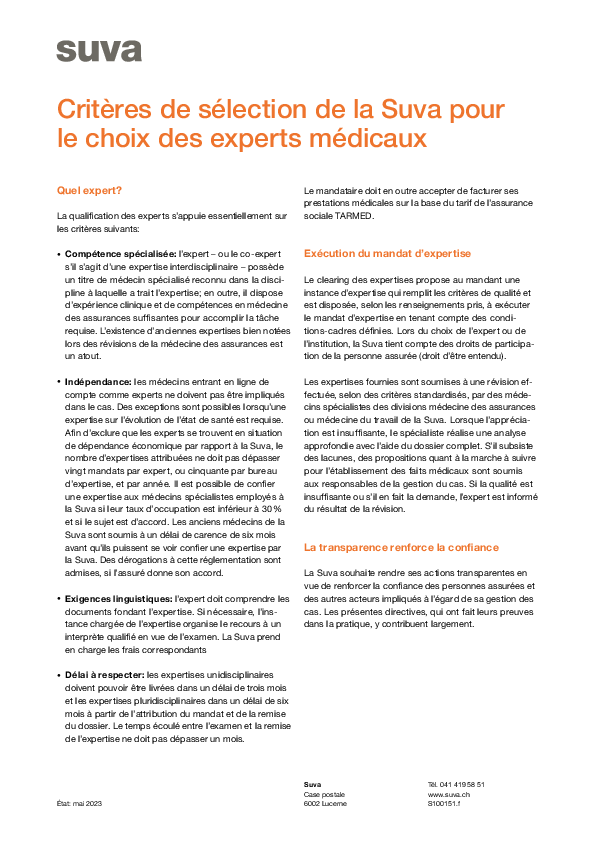 Critères de sélection pour les experts médicaux