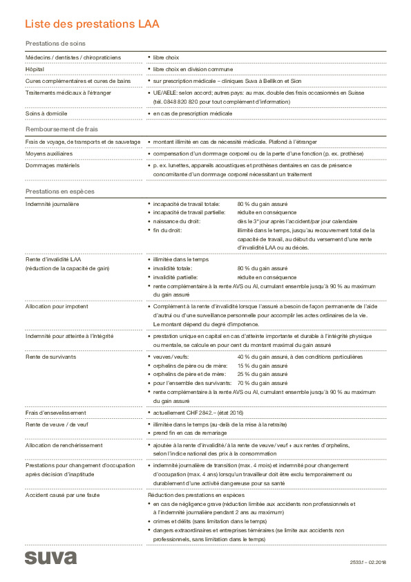 Factsheet: liste des prestations LAA