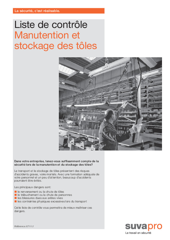 Tôle lourde, manipulation sûre (liste de contrôle)