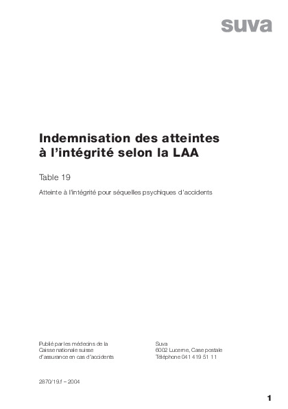 Tableau 19 - Atteinte à l’intégrité pour séquelles psychiques d’accidents