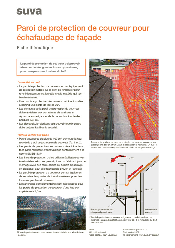 Fiche thématique «Paroi de protection de couvreur pour échafaudage de façade»