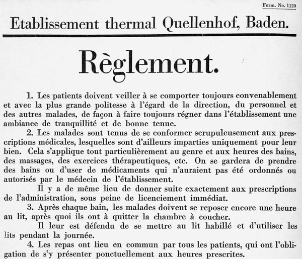Première partie du règlement intérieur du «Quellenhof», à Baden, en 1929