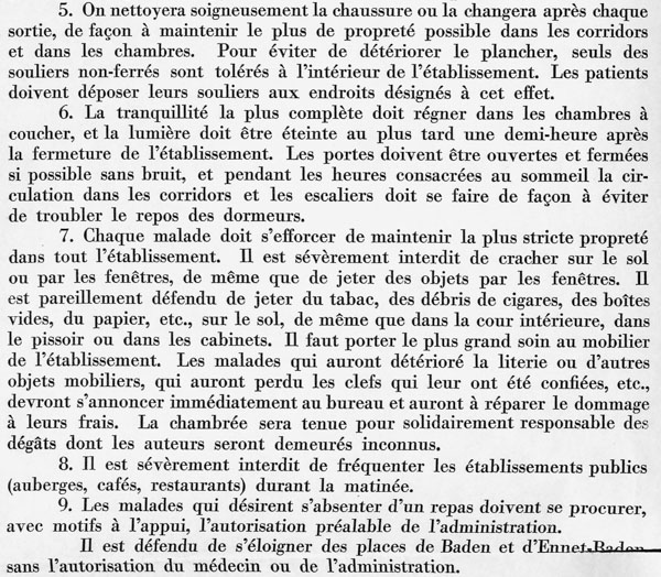 Deuxième partie du règlement intérieur du «Quellenhof», à Baden, en 1929