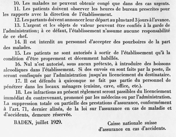 Troisième partie du règlement intérieur du «Quellenhof», à Baden, en 1929