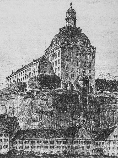 Vue du bâtiment depuis le sud-est (rocher de la Fluhmatt) tel qu’il était prévu dans le projet primé